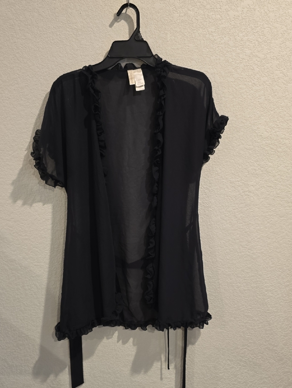 Ambrielle Black Sheer Ruffle Trim Robe Cardigan - Small